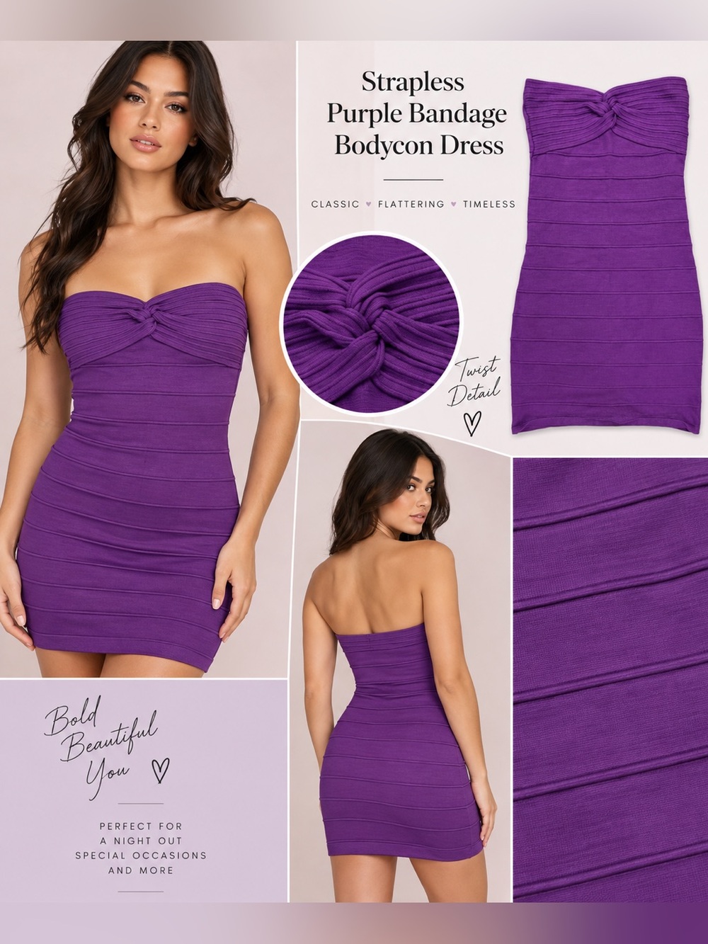 Strapless Purple Bandage Bodycon Dress